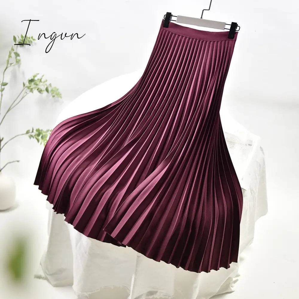 Ingvn - Brand Designer Women Spring Autumn Elegant Chic Solid Pleated Skirt High Waist Luxury Fashion With Elastic Female C-035