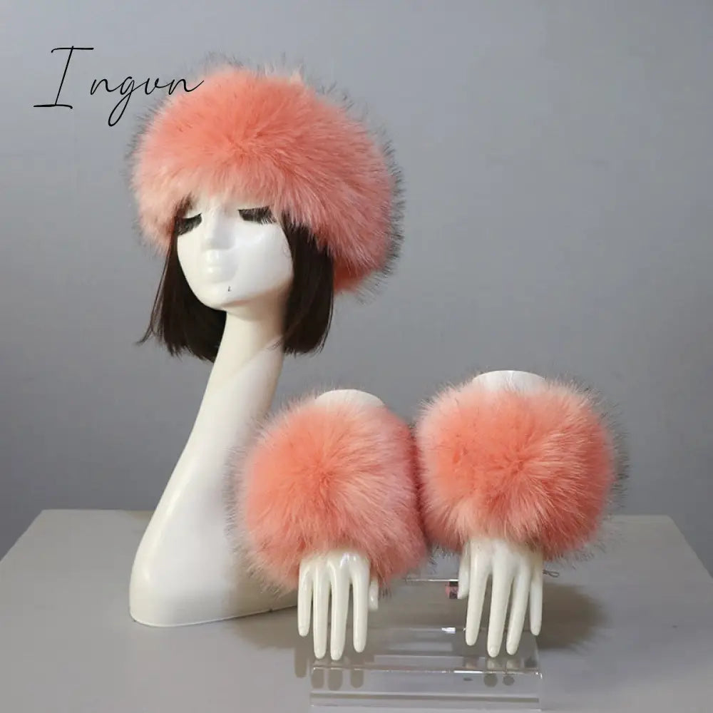 Ingvn - New Autumn Winter Caps Female Hats Cuffs Set Fashion Warmth Imitation Quality Design Faux Fur Hat Fox Fur Sleeves Suit Accessary