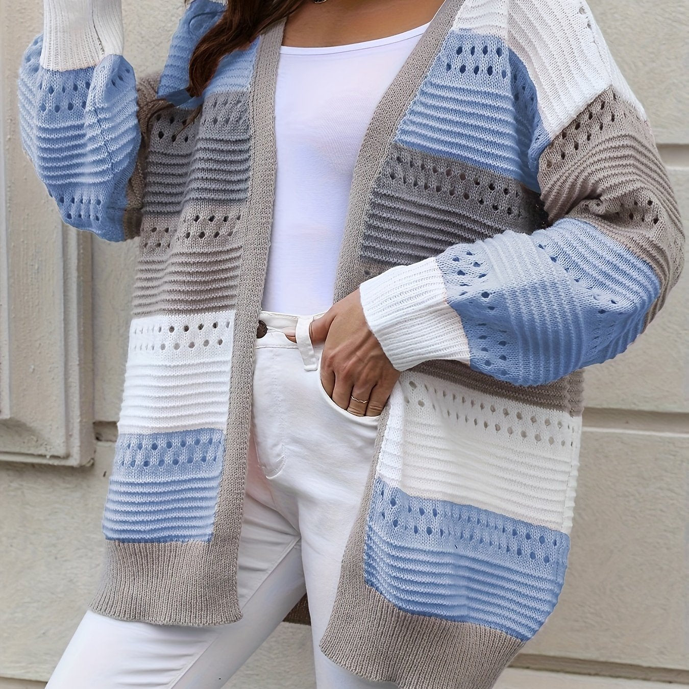 Plus Size Casual Cardigan, Women's Plus Colorblock Hollow Out Long Sleeve Open Front Cardigan