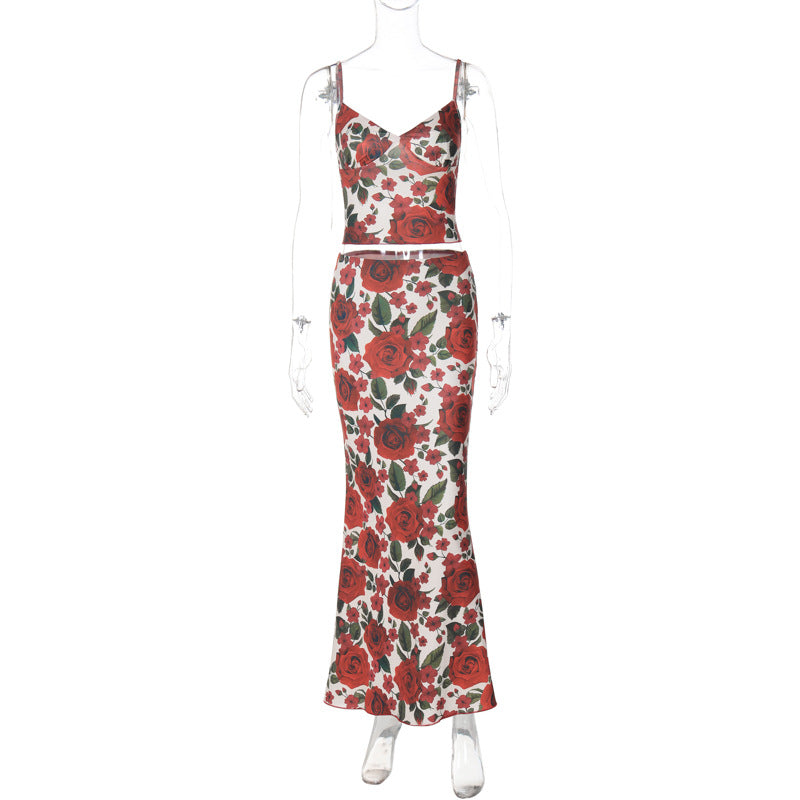 Pphmm outfit inspo Autumn New Fashion Style Floral Print V-neck Small Strap Sheath Close-Fitting Dress for Women Suit