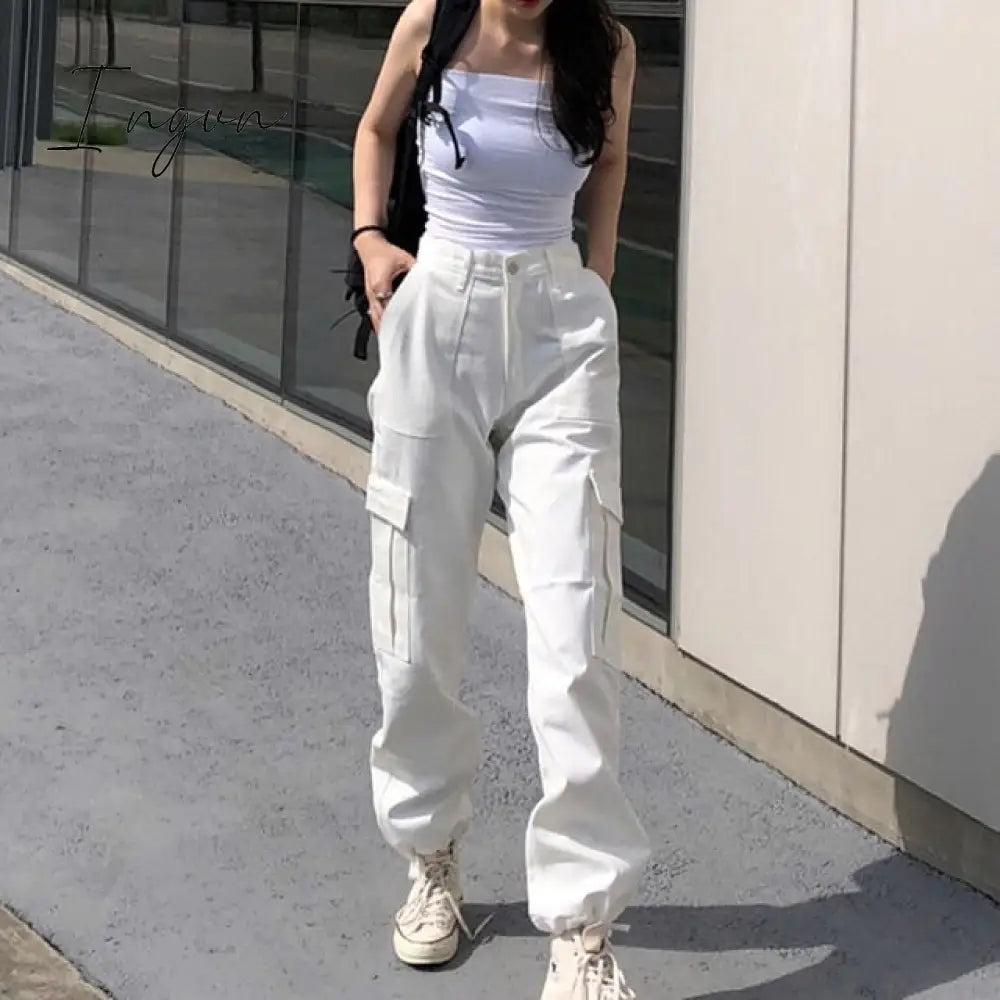 Ingvn - Button Pockets Patchwork Cargo Pants Women Streetwear High Waist Trousers Women Fashion Pencil Pants Joggers Women