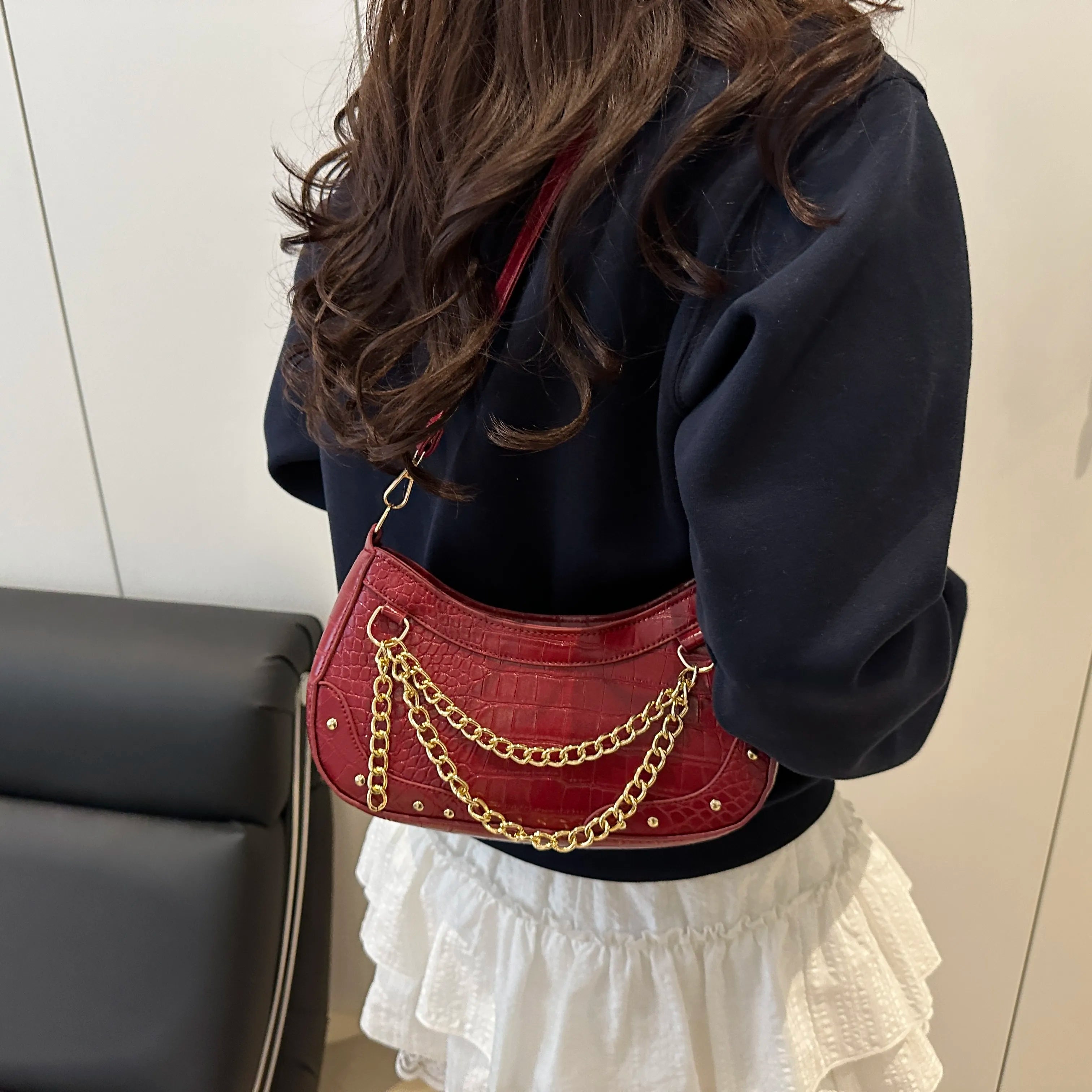 Chain-Embellished Shoulder Bag