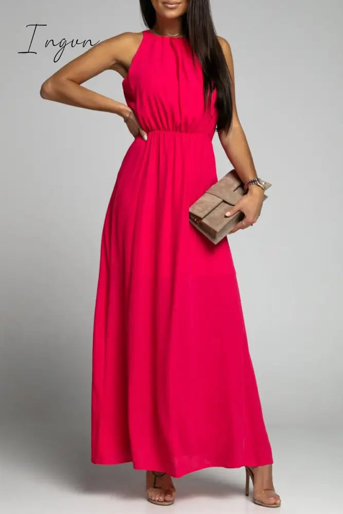 Ingvn - Elegant Solid Backless Slit O Neck Sleeveless Dress Dresses
