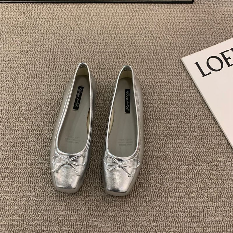Classic Female Flats Ballerina Shoes Women Fashion Square Toe Pleated Ballet Bow Knot Shallow Moccasin Casual Loafer Sliver