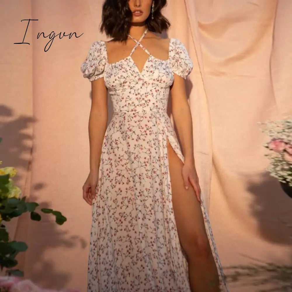 Ingvn - Floral Print Dress Sweet Square Neck Puff Sleeve Side Spilt Drawstring Maxi Dresses for Women Party Chic Casual Outfits