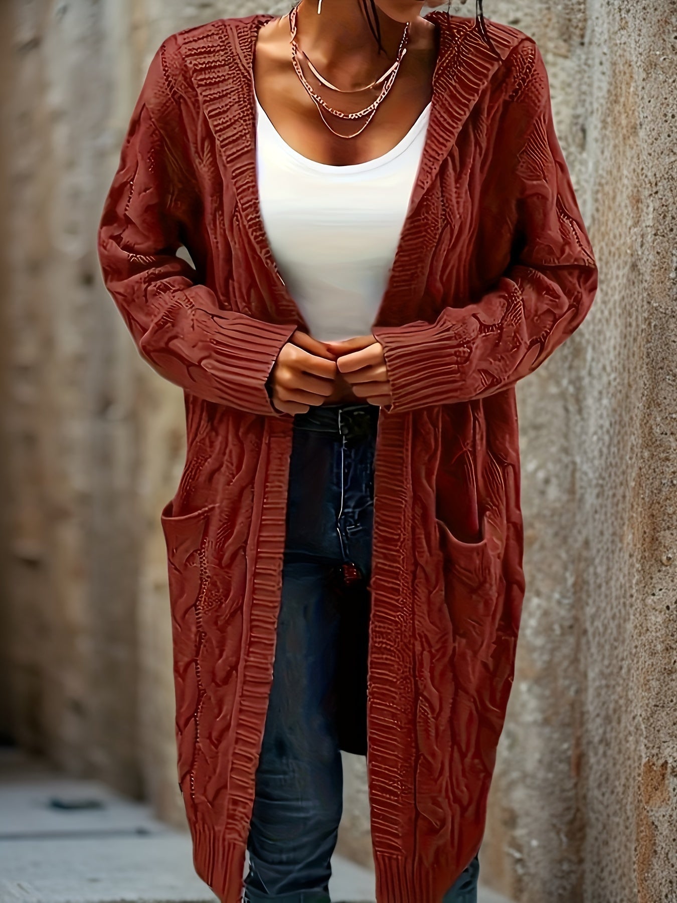 Cozy Micro-Elastic Plus Size Women's Long Sleeve Open Front Hooded Cardigan with Pockets for Casual Daily Wear - Solid Cable