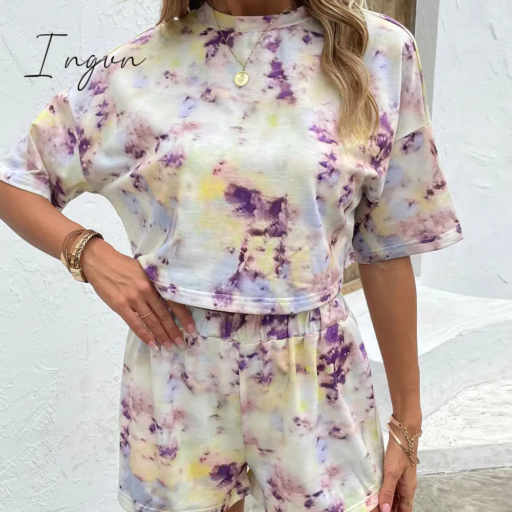 Ingvn - Tie Dye Round Neck Dropped Shoulder Tie Dye Top and Shorts Set
