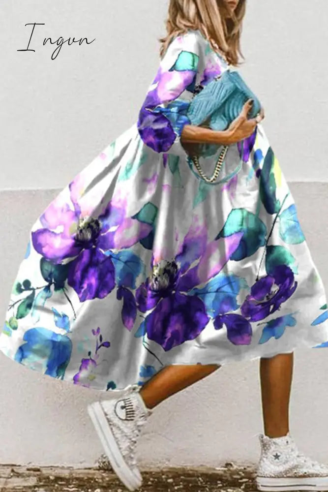 Ingvn - Casual Print Patchwork Turndown Collar Cake Skirt Dresses(11 Colors)