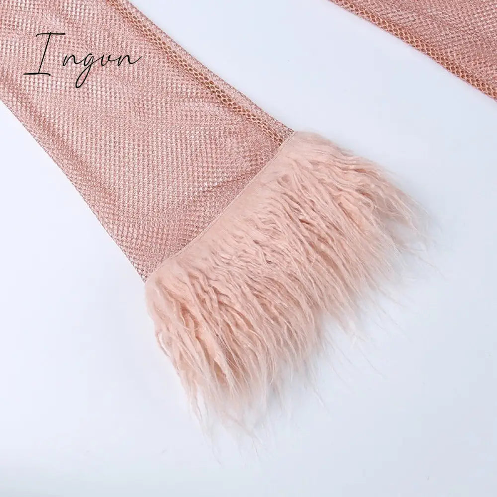 Ingvn - Round Collar See Through Dress Women Sexy Long Sleeve Elegant Female Clubwear Solid Mesh Tassel White Feather Mini Dress
