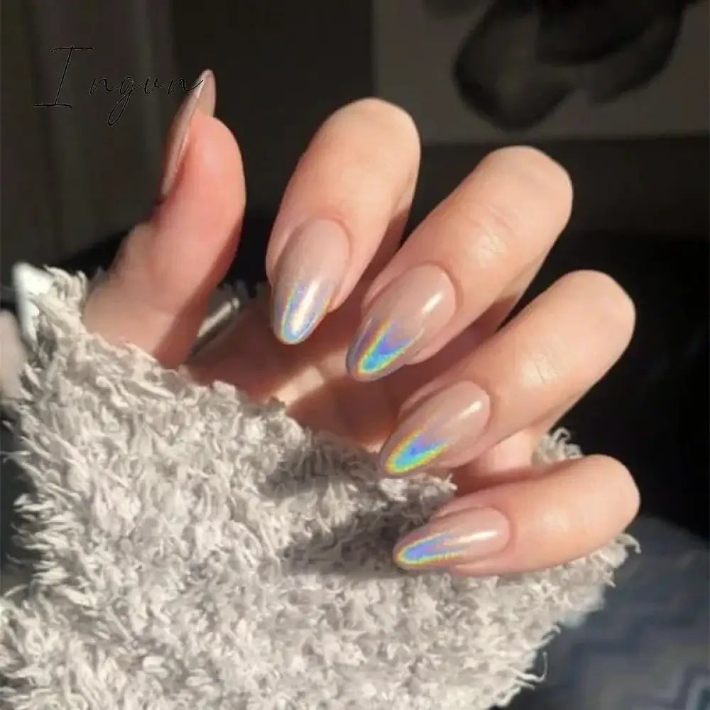 24pcs Short Glitter Purple False Nails  Almond Stiletto French Wearable Fake Nails Art Artificial Full Cover Press on Nail Tips