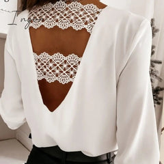 Ingvn - Chic Back V-shaped Hollow Lace Stitching Pullover White Blouse Fashion Sexy V-neck Autumn and Winter Long-sleeved Shirt  12460