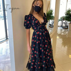 Ingvn - Spring S-5XL Sexy V-Neck Strawberry Pink Mesh Lace Pleated Belt Girly Style Cute  Plus Size High Waist Long Dress