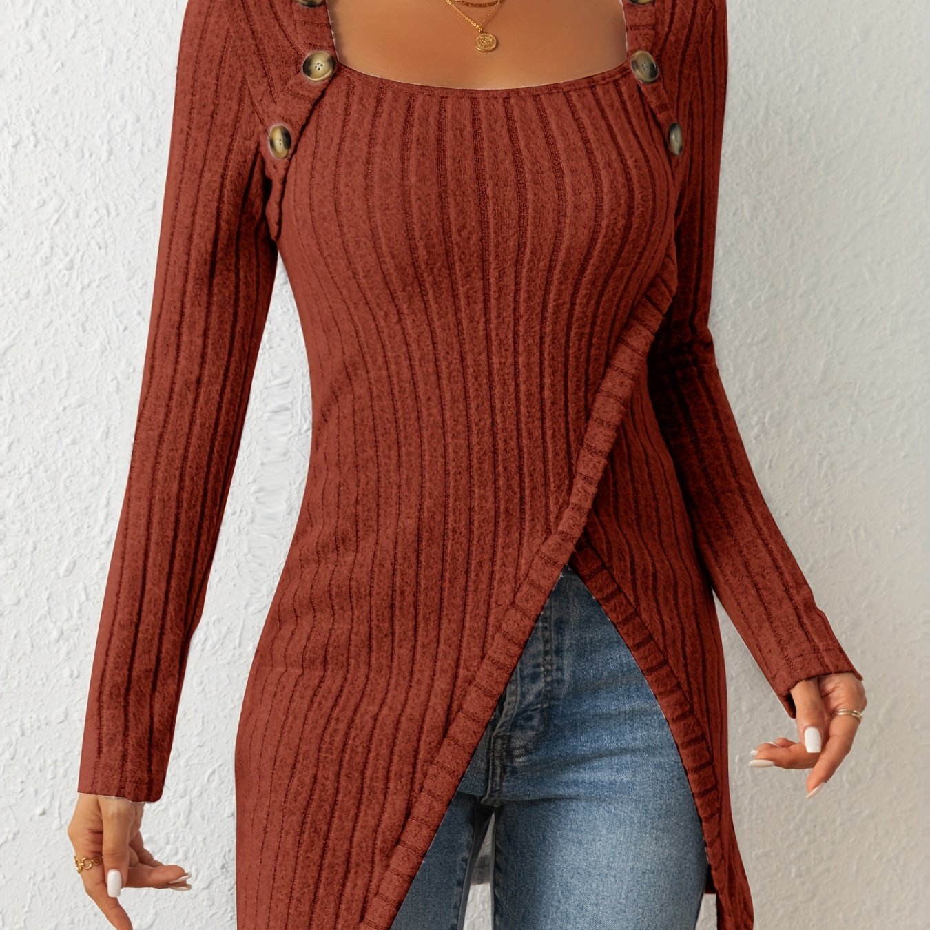 Button Decor Asymmetrical Hem T-Shirt, Casual Ribbed Long Sleeve Top For Spring & Fall, Women's Clothing