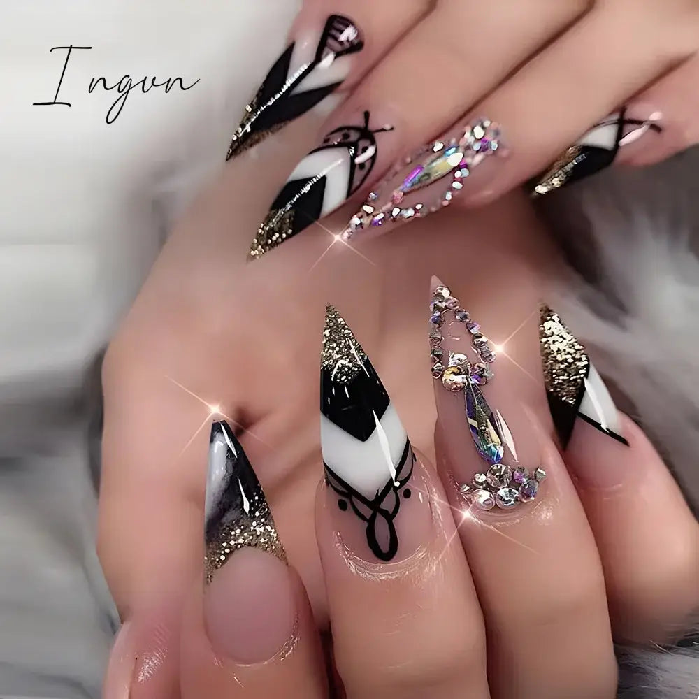 24Pcs False Nails With Glue Almond Pink Butterfly Design Detachable Rhinestones Acrylic Fake Nails long stiletto Press On Nails