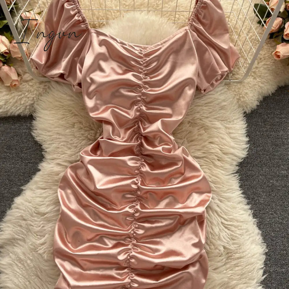 Ingvn - Ins Fashion Sexy Mini Bandage Dress Women Summer Slim Ruched Club Dress Sheath Off Shoulder Pink White Dress