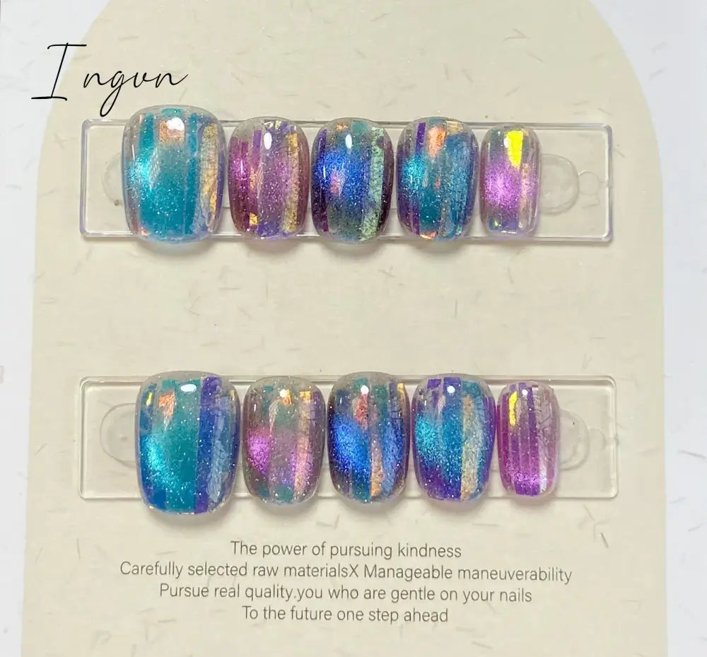 10Pcs Glitter Short Handmade Press On Nails Fake Nails Full Cover Cat Eye Square Head Artificial Manicure Wearable Nail Tips Art