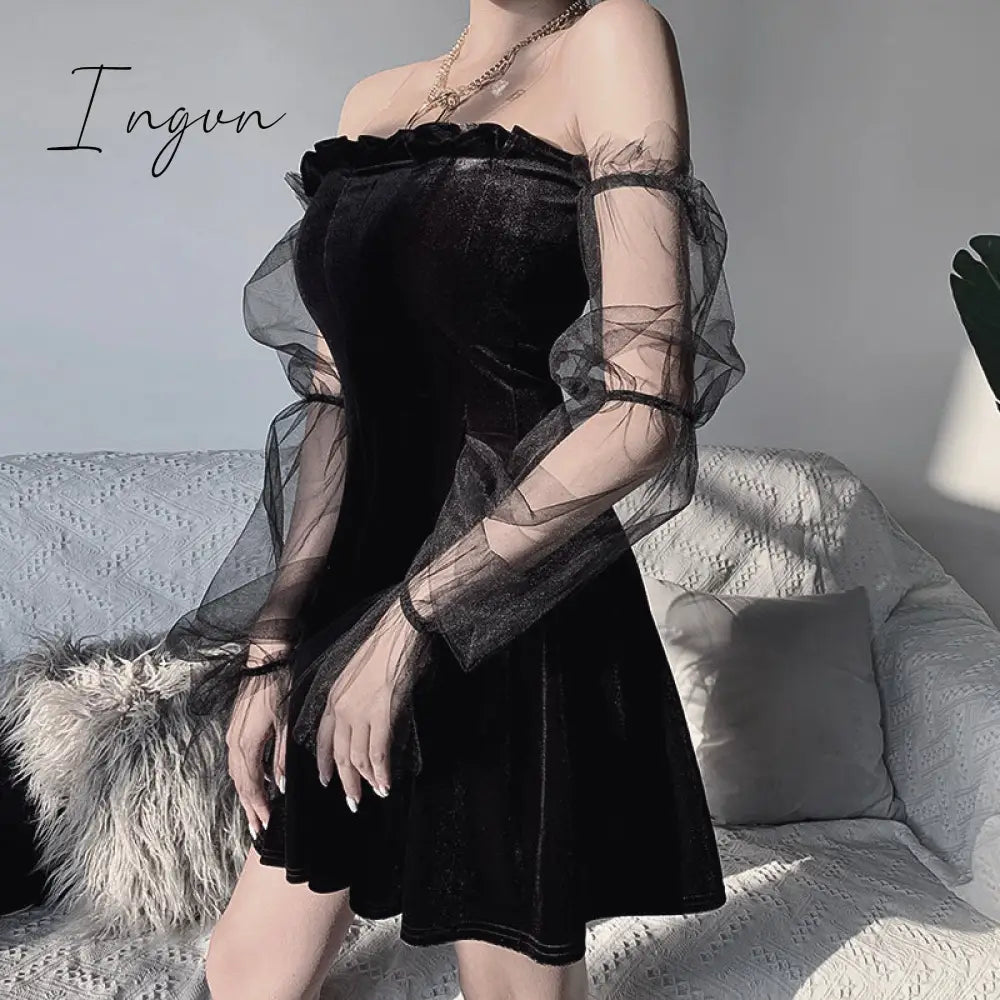 Ingvn - Gothic Sexy Dress Vintage Off Shoulder Lantern Sleeve Mesh Patchwork Velvet Mini Dress Dark Street Black Dress for Female