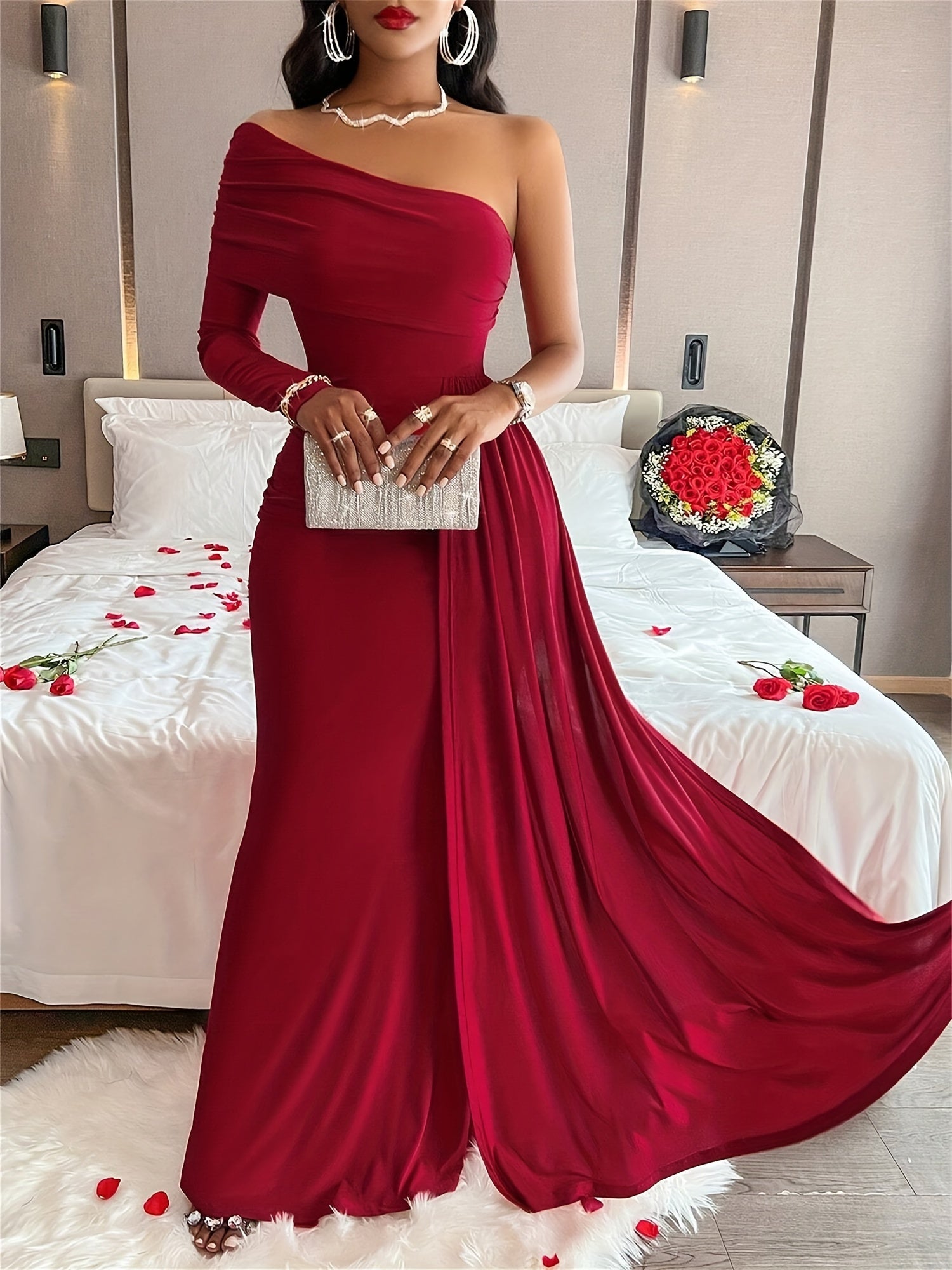 Elegant Oblique-Shoulder Long Sleeve Formal Wedding Guest Dress Maxi Dress