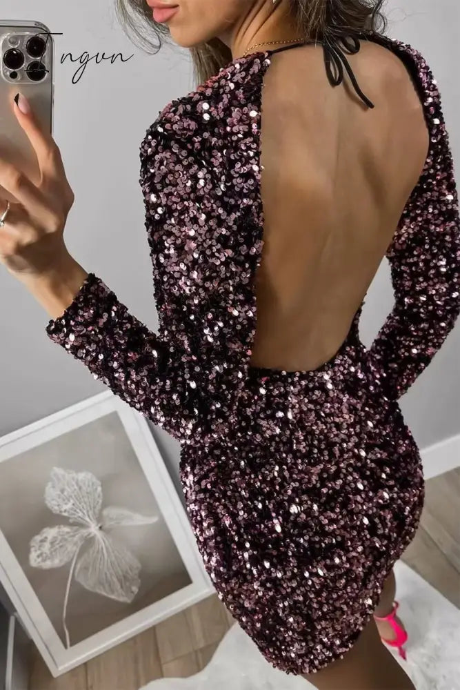Ingvn - Sexy Vintage Solid Sequins Frenulum Backless O Neck Dresses