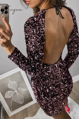 Ingvn - Sexy Vintage Solid Sequins Frenulum Backless O Neck Dresses
