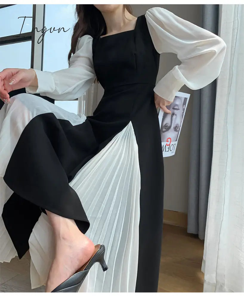 Ingvn - Office Lady Black Elegant Dress Women French Vintage Midi Dress Casual Party One Piece Dress Korean Fashion Autumn Chic