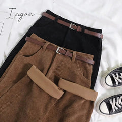 Ingvn - High Waist Wide Leg Corduroy Long Pants with Belt
