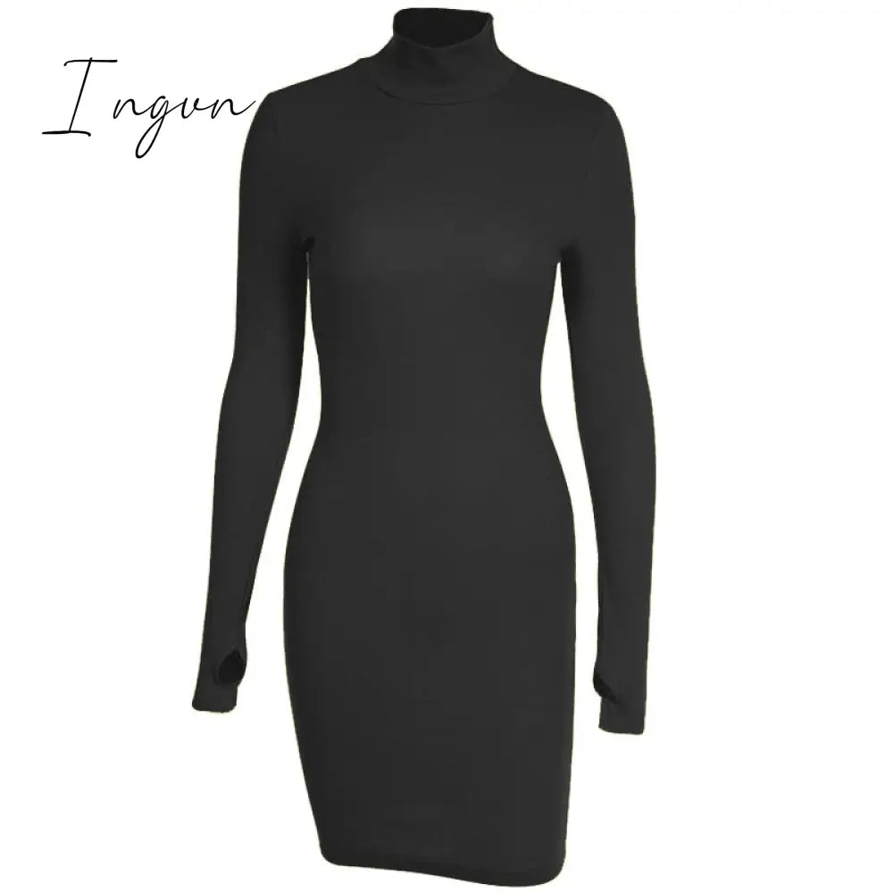 Ingvn - Autumn Fashion Sexy Solid Turtleneck Skinny Mini Dress Women Rib Knit Keep Warm Long Sleeve Slim Dress Streetwear