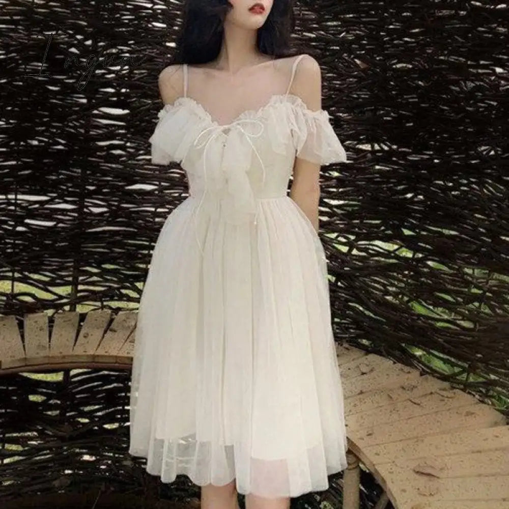 Ingvn - Going Out Outfits Mesh Ruffle Slash Neck Off Shoulder Dresses Lace Up Women Summer Vestidos Mujer Korean Fashion White Dress Strap Tide Robe Femme