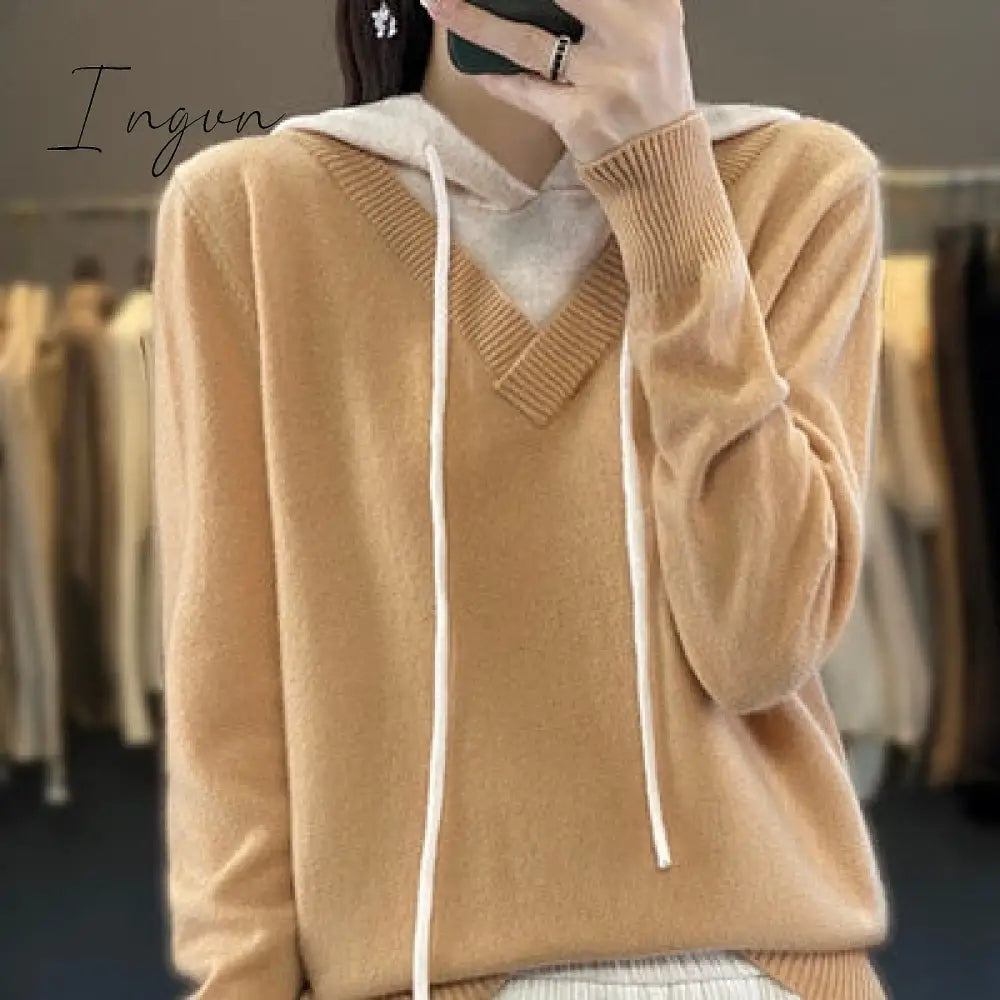 Ingvn - Autumn and Winter 2023 New 100% Merino Wool Women's Knitted Hooded Pullover Casual Color Matching Sweater Korean Fashion Top