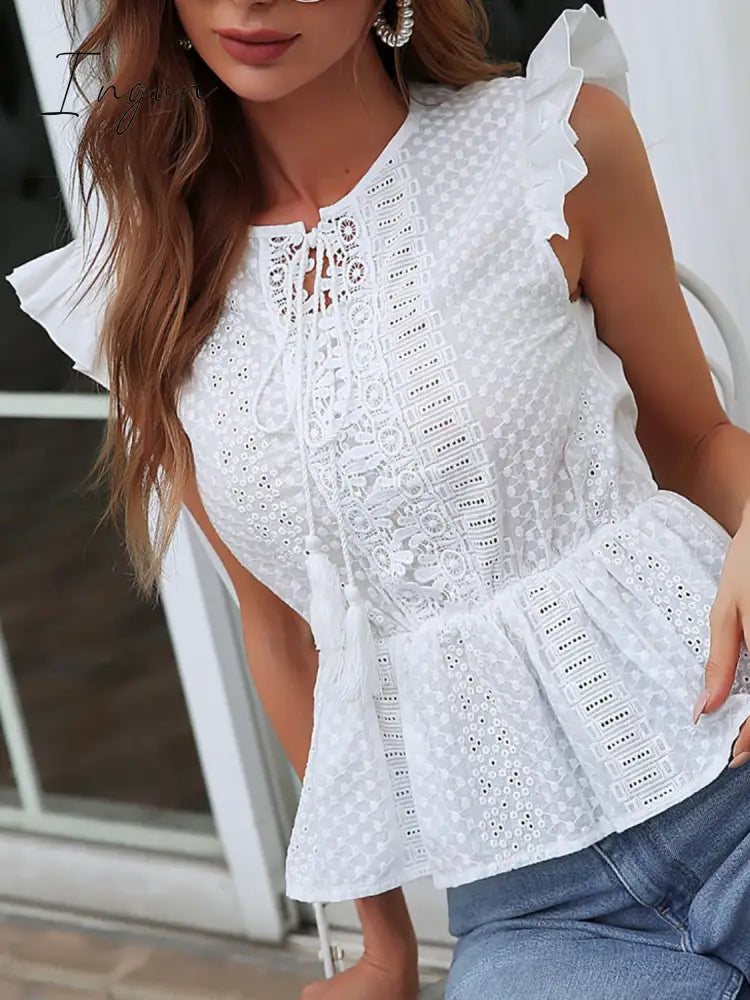 Ingvn - Notched Neck Flutter Sleeve Eyelet Blouse