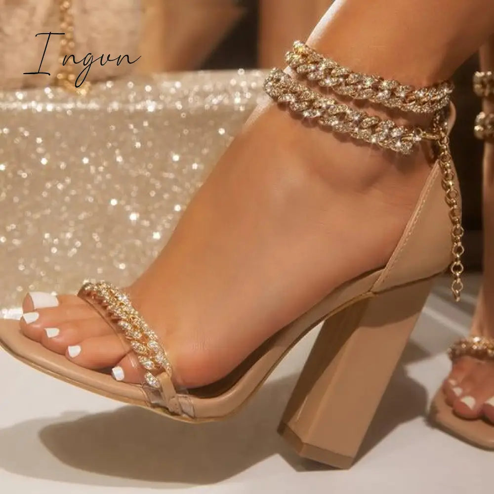 Ingvn - Gold-Tone Chain Embellished Ankle Strap Chunky Heels