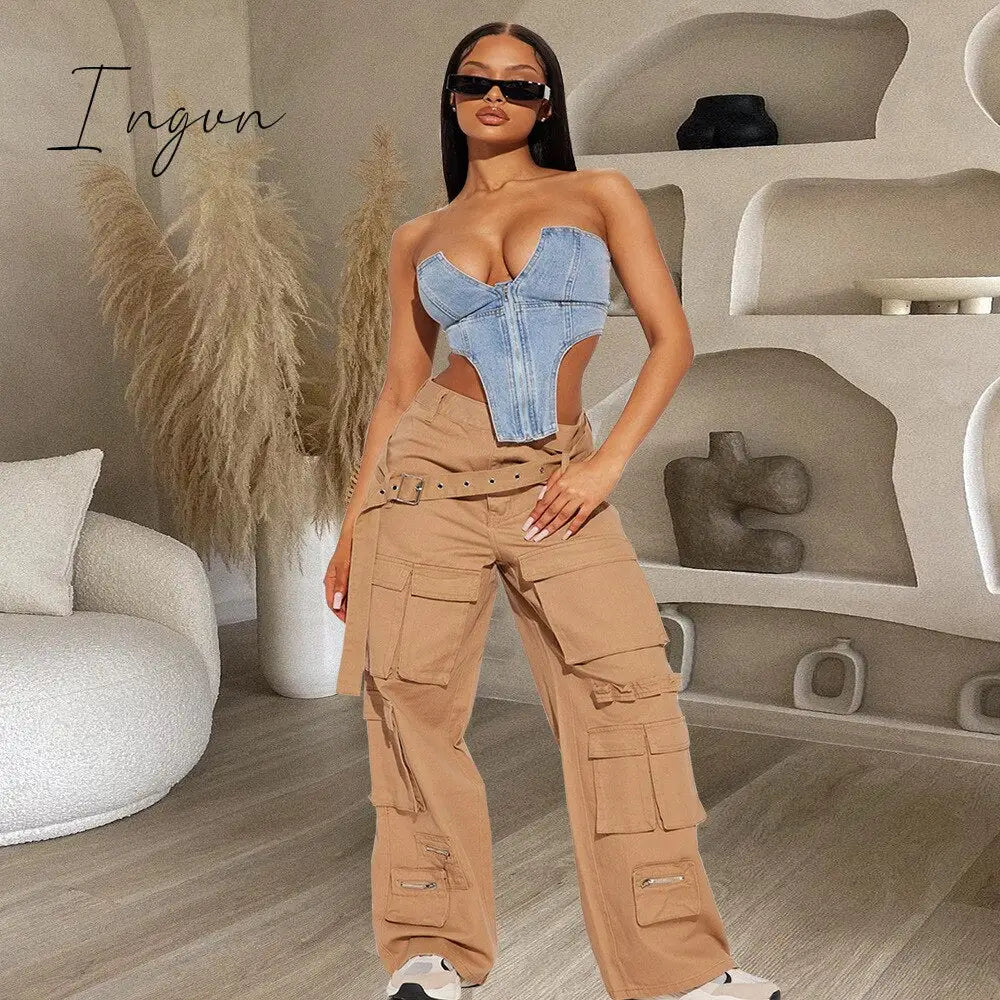 Ingvn - Summer New Irregular Strapless Zipper Denim Crop Top Corset Women Blue Jeans Tube Tops Party Clubwear Streetwear Clothes