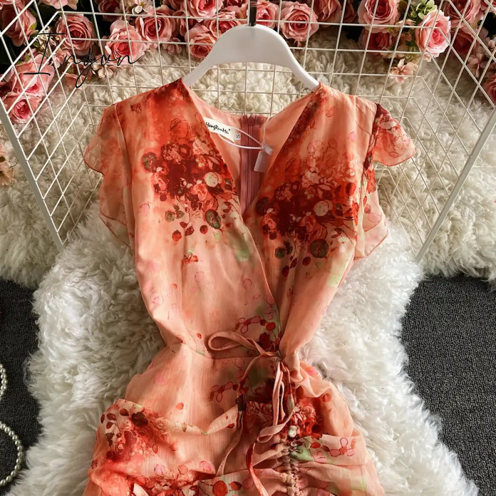 Ingvn - Vintage V-Neck Printed Chiffon Drawstring Mermaid Midi Dress Women Elegant High Waist Ruffle Vestidos Fashion Spring Summer