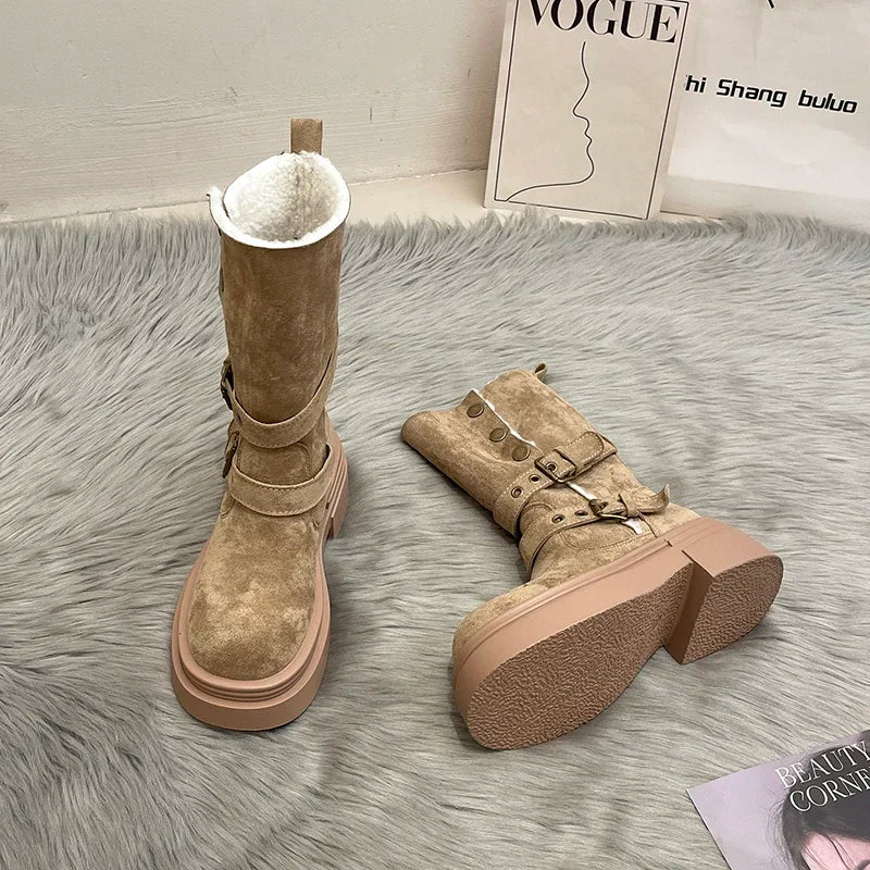 Ingvn  Winter Warm Cotton Women Modern Boots Fashion Slip On Short Booties Concise Square Heels Shoes