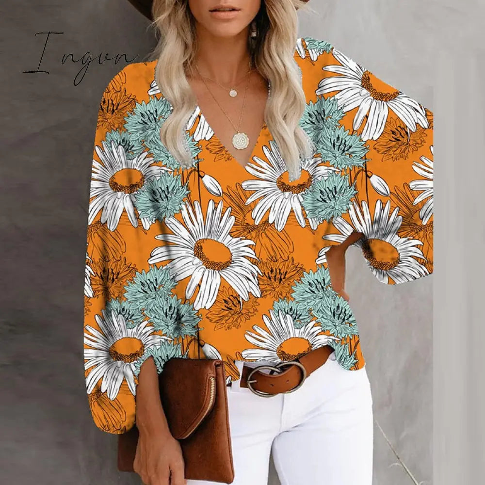 Ingvn - Summer Outfits Female Streetwear Oversized XXXL Tops Blusa Summer V Neck Long Lantern Sleeve Blouse Casual Women Printing Loose Elegant Shirts