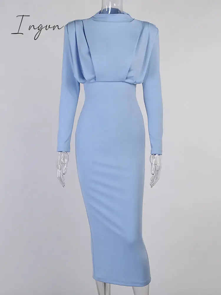 Ingvn - Elegant Women Dress Stand Collar Slim Waist Solid Blue Ankle Length Autumn Long Sleeve Casual Party Dress Fashion