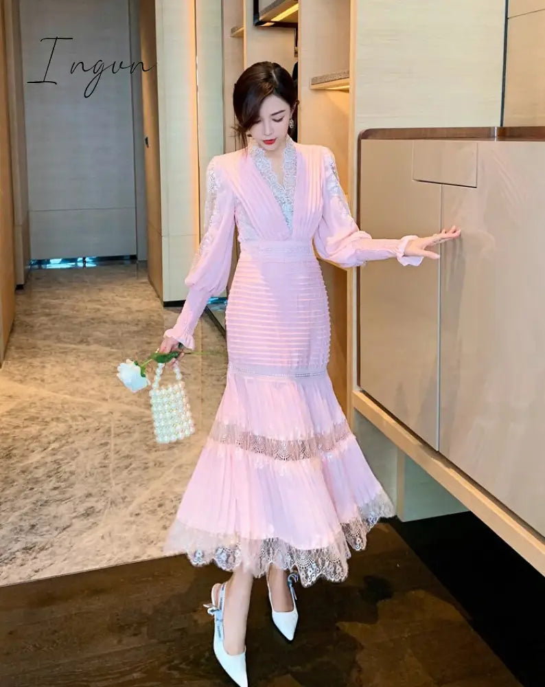 Ingvn - Fashion Runway Women Pleated Party Dress Spring Sexy V Neck Lantern Sleeve Chiffon Patchwork Lace Bodycon Slim Long Dress