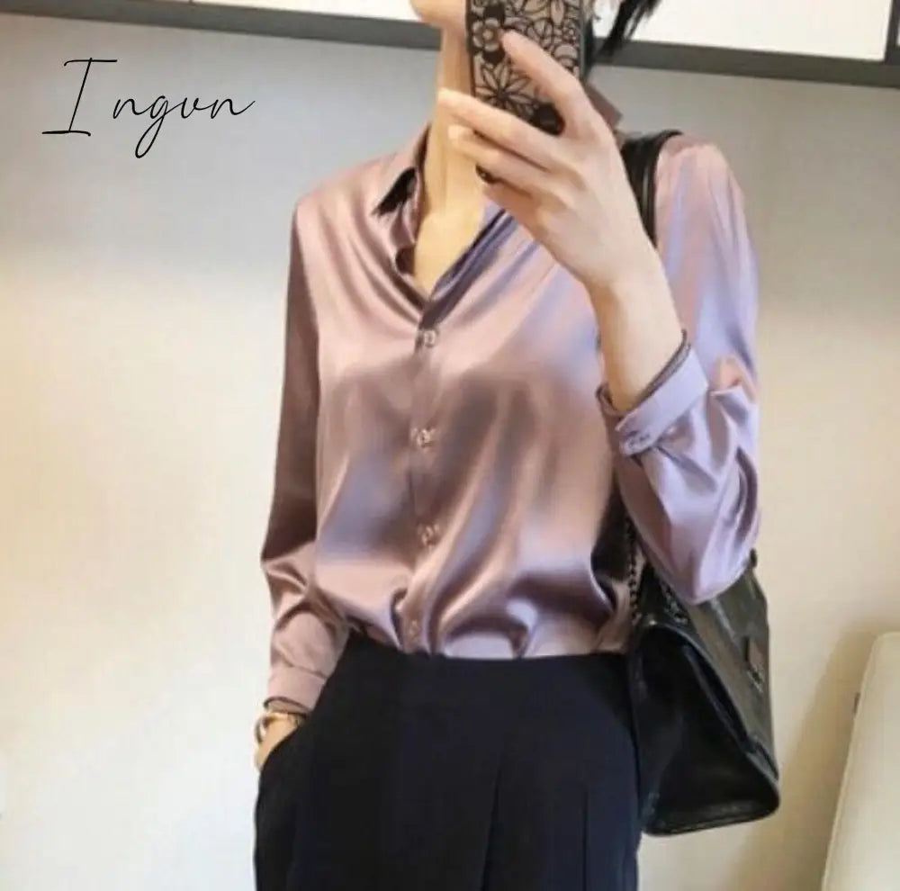 Ingvn - Brand Quality Luxury Women Shirt Elegant Office Button Up Long Sleeve Shirts Momi Silk Crepe Satin Blouses for Women Fashion Business Ladies Top