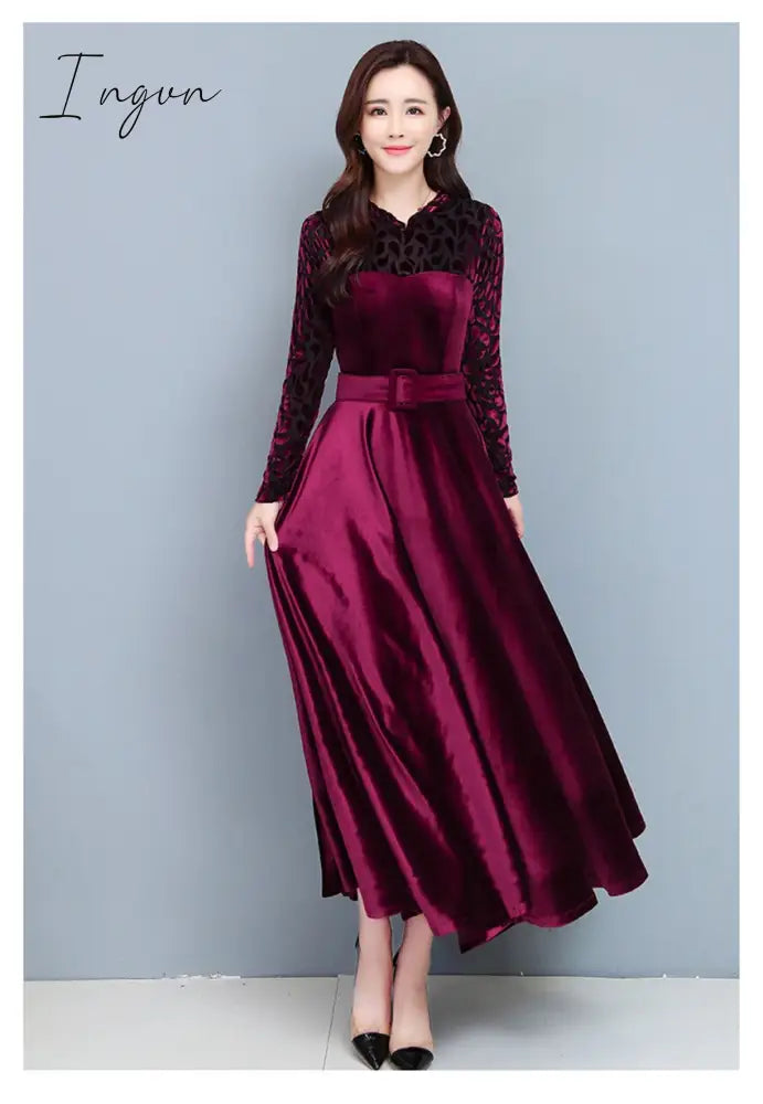 Ingvn - High Quality Fashion Vintage Velvet Dress Winter Dresses Women Long Sleeve Evening Party Dress For Middle Age Mom Vestidos