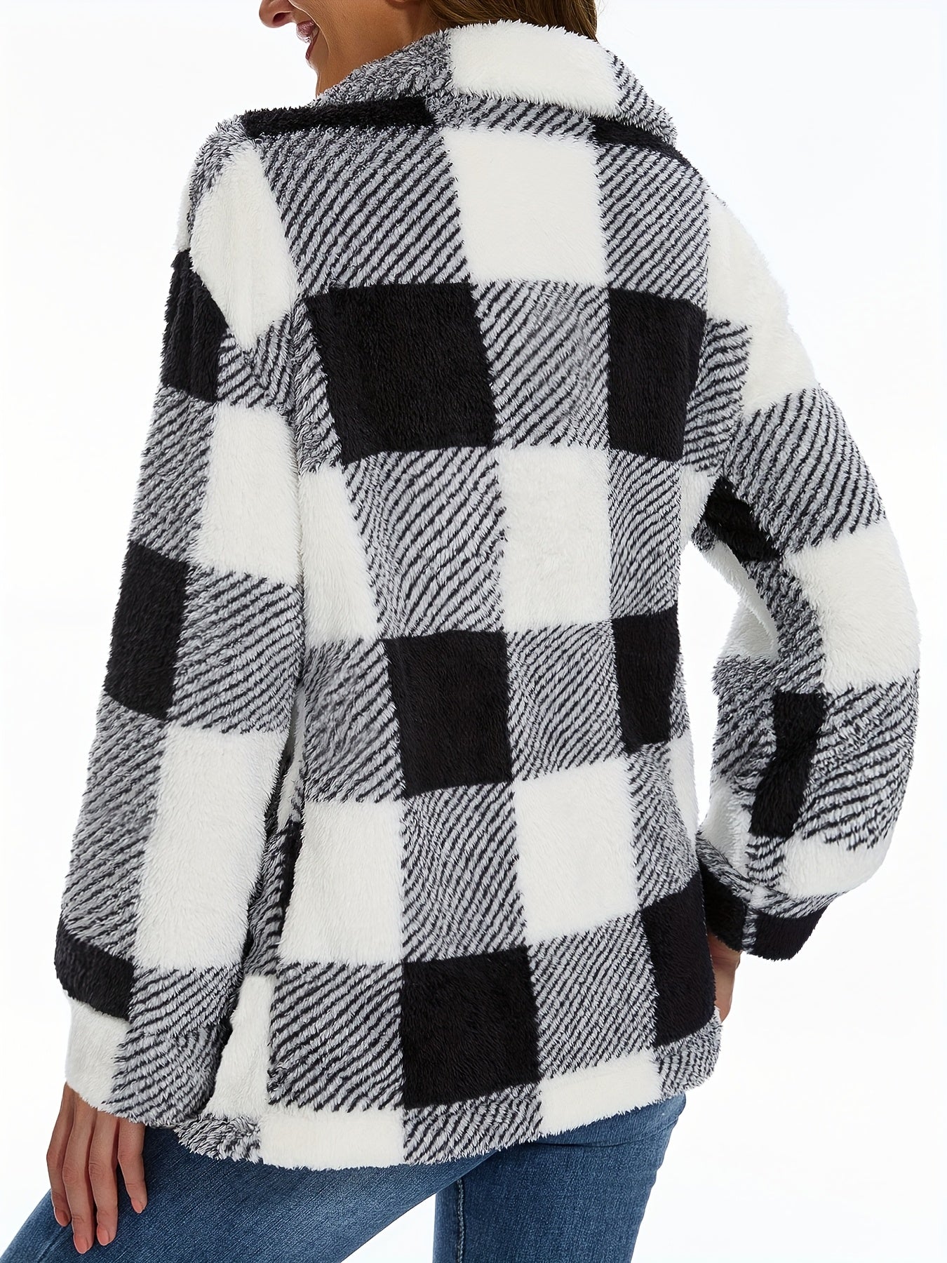 Stylish Plaid Teddy Coat - Women's Casual Jackets with Long Sleeves, Thermal Insulation, and Versatile Button Front Design for Winter Outwear - Soft, Warm, and Cozy