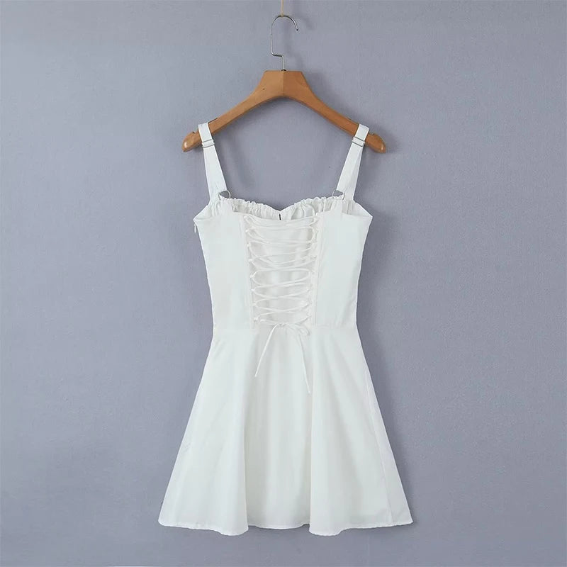 New Fashion Women Back Lacing Up Bandage Black White Sling Dress Sexy Sleeveless Female Summer Party Mini Robe