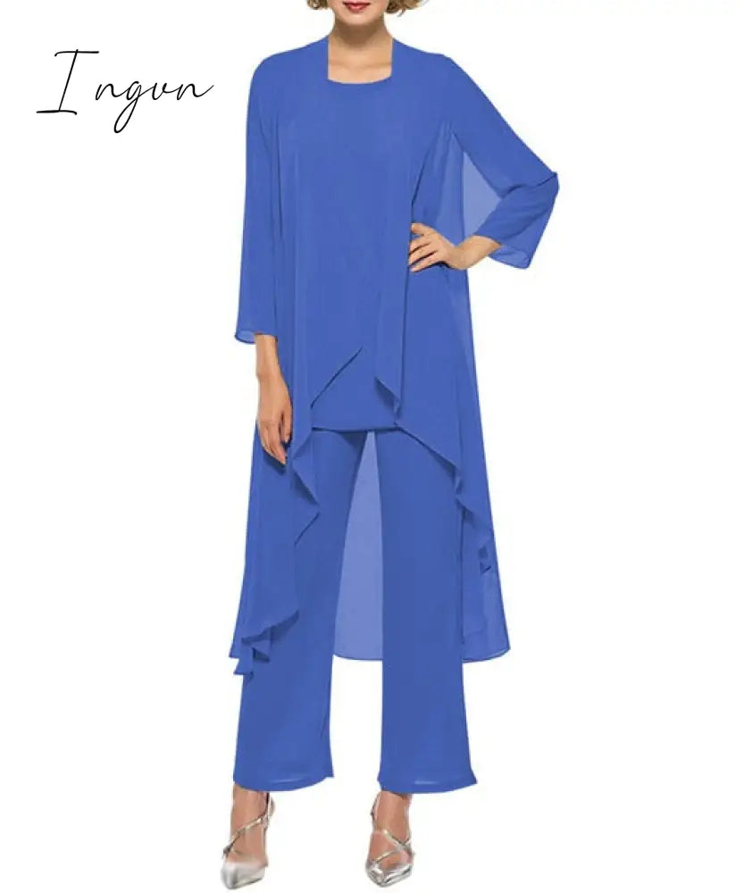 Ingvn - Mother of the Bride Dresses Plus Size Dress Blazer Champagne Chiffon Pantsuit 3 Pieces Wedding Party Guest Gown Dress