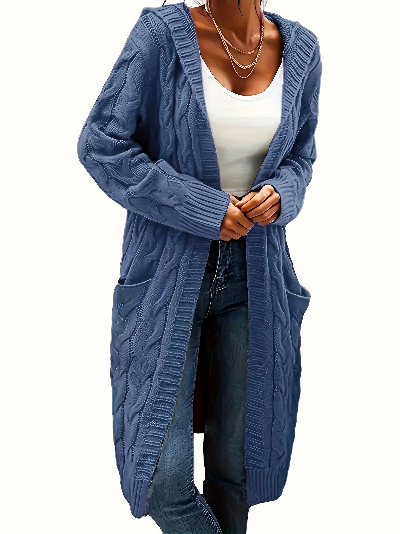 Plus Size Casual Cardigan, Women's Plus Solid Cable Long Sleeve Open Front Hooded Cardigan With Pockets