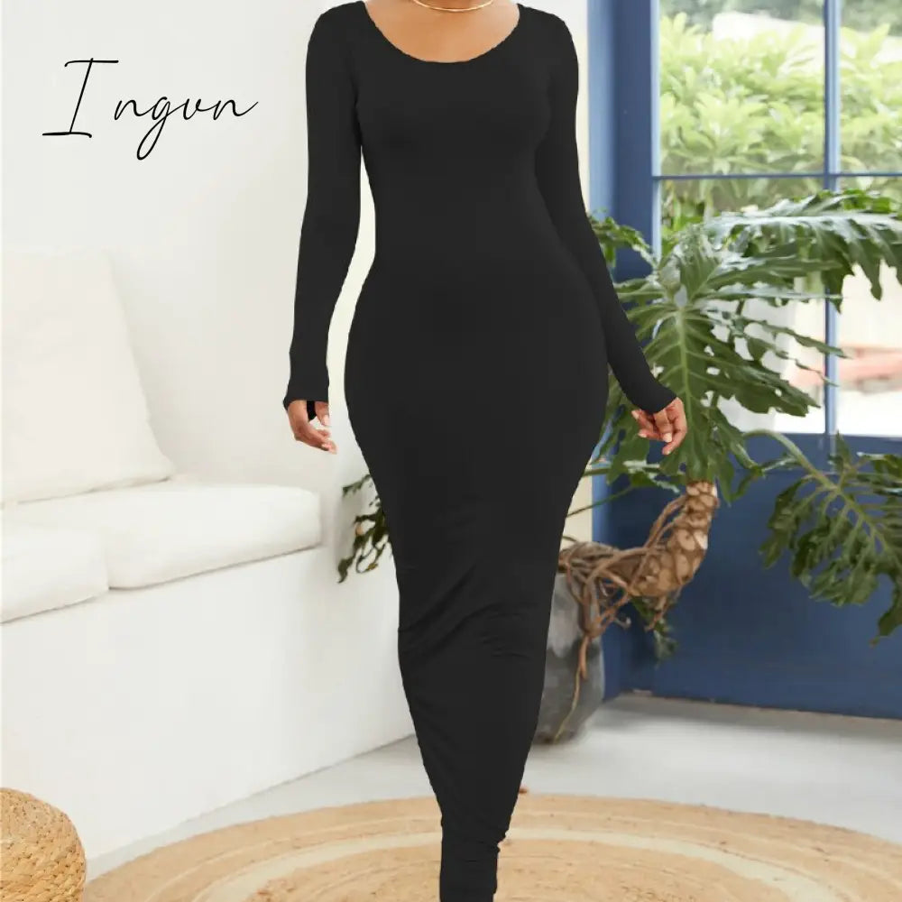 Ingvn - Turtleneck Long Dress Autumn Winter Muslim Elegant Office Lady Skinny Long Sleeve Bodycon Casual Dress Women Midi Clubwear GV464