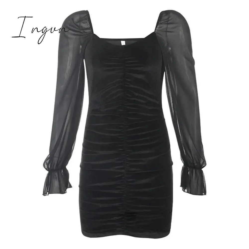 Ingvn - Gothic Sexy Dress Vintage Off Shoulder Lantern Sleeve Mesh Patchwork Velvet Mini Dress Dark Street Black Dress for Female