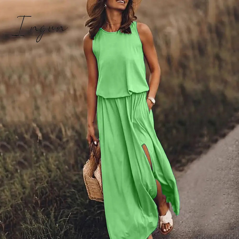 Ingvn - Summer New Oversized Casual Fashion Solid Slit Dress Ladies Sleeveless Loose Robe Dresses Women Round Neck Vestidos De Fiesta