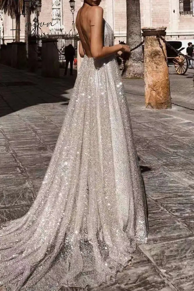 Ingvn - Sexy Formal Solid Sequined V Neck Sling Dress Dresses
