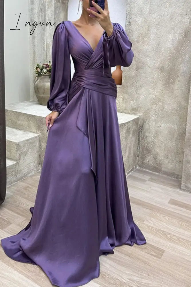 Ingvn - Elegant Formal Solid Fold V Neck Evening Dresses(3 Colors)