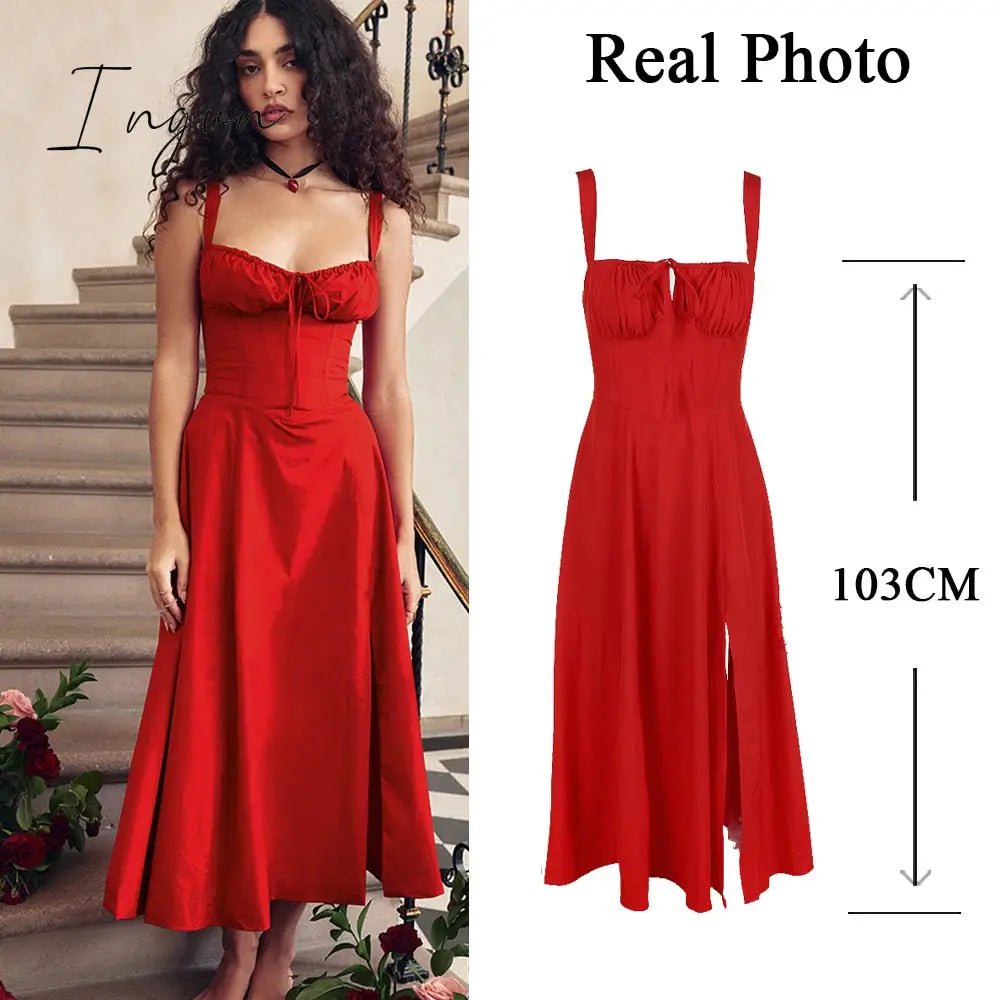 Ingvn - suninheart Elegant  A Line Midi Dress Sexy Spaghetti Strap Lace Up Red Holiday Party Dresses Split Summer Dresses Women 2023