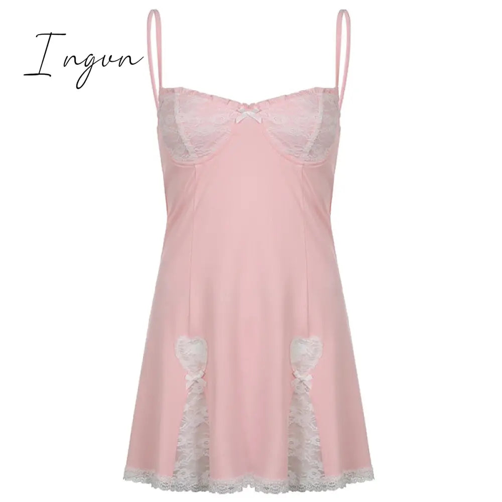 Ingvn - Lace Patchwork Dress Pink Sleeveless Kawaii Sundress Sweet Japanese Style Aesthetic Outfit Y2K Beach Outfit Sexy Hot